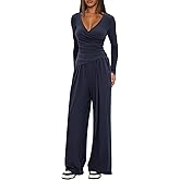 Darong Women's 2 Piece Lounge Fall Outfits Sets Warp V Neck Short/Long Sleeve Shirts and Wide Leg Pants Casual Matching Sets