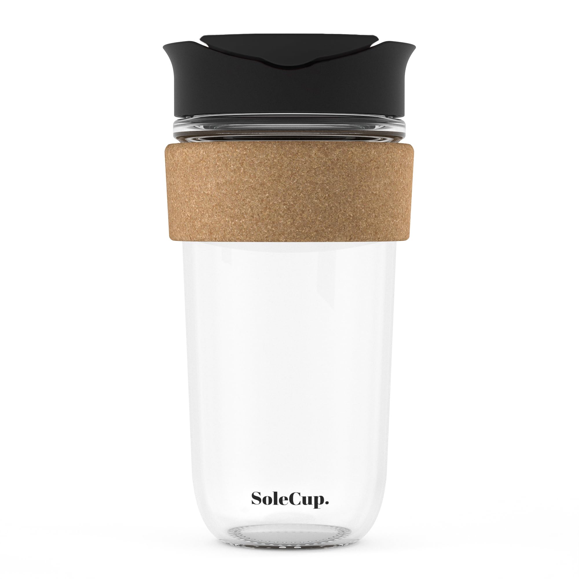 SoleCup. Large Travel Mug - Reusable Strengthened Glass Coffee Mug - 18oz/530ml BPA-Free Hot Drink Travel Mug with Lid & Cork Band (Black, 530ml / 18oz)