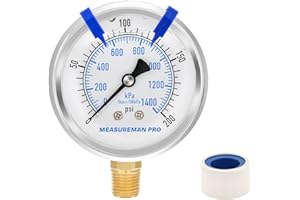 MEASUREMAN PRO 2.5'' Glycerin Filled Pressure Gauge, 0-200psi/kpa, 304 Stainless Steel Case, 1/4" NPT Lower Mount,for Air Compressor, Shock, Water System, Well Pump, Tank, Pipe Test