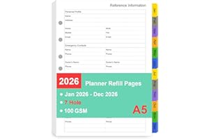 Tiankool 2026 Monthly Planner Refills for A5 7-Ring Binder,7 Holes Planner Inserts with Monthly Tabs