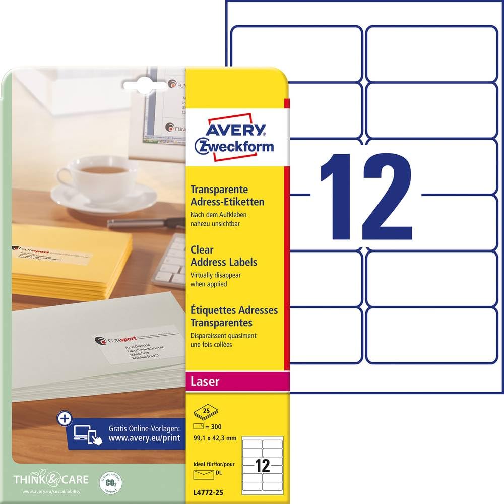 AVERY Zweckform L4772-25 Address Labels Printable Self-Adhesive for DIN Long Envelopes and Deutsche Post Internet Brand, 300 Labels on 25 Sheets, Transparent Format 99,1 x 42,3 mm Transparent