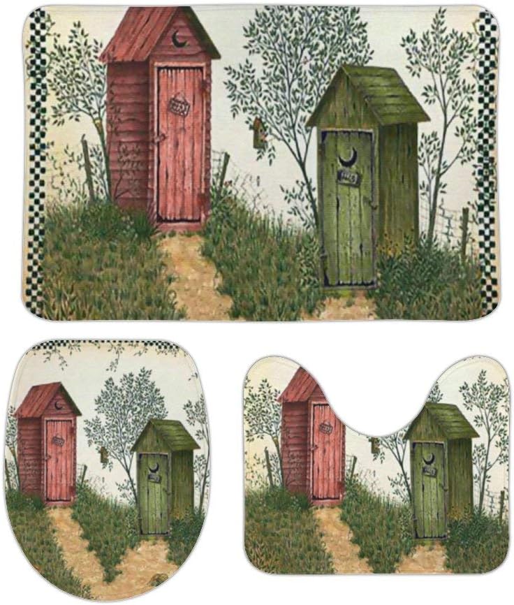 YING Retro Outhouse Print Soft Bathroom Rug Mats 3 Piece
