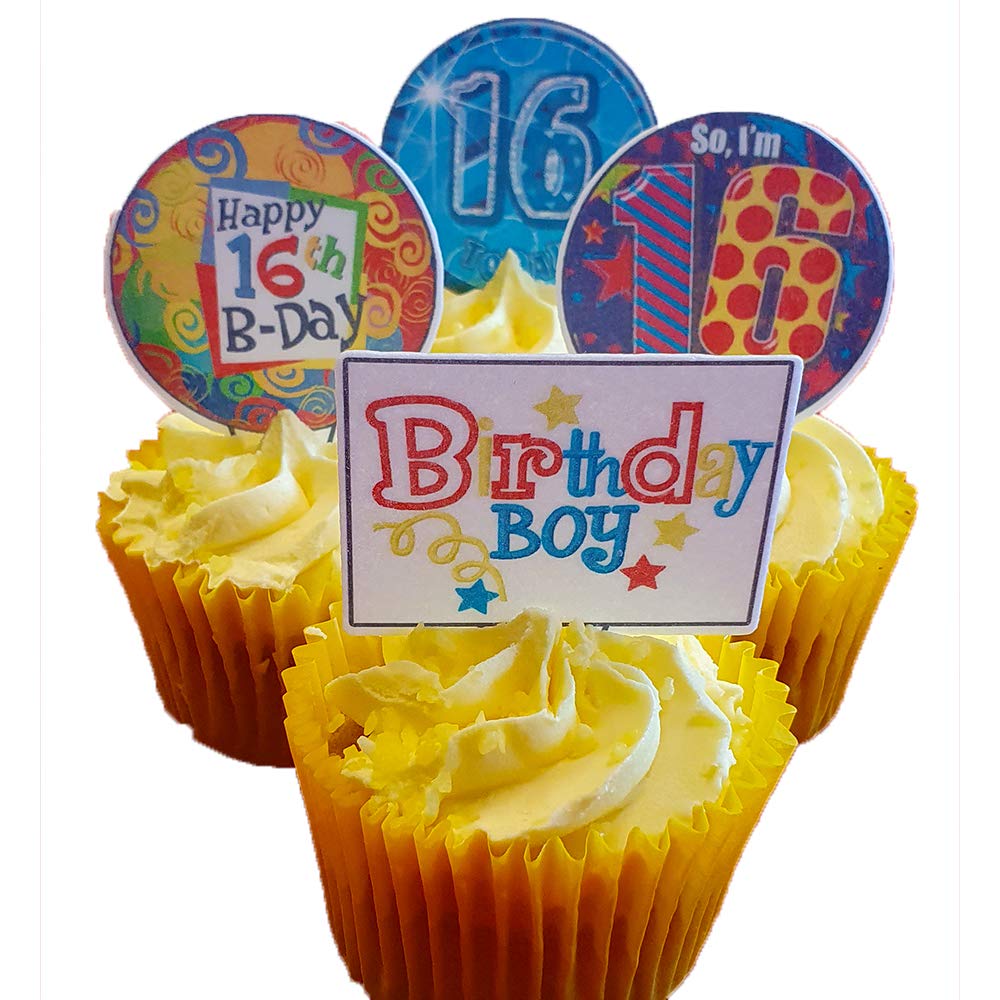 Made4You 16th Birthday Boy, Edible Cupcake Toppers - Stand-up Wafer Cake Decorations (Pack of 12)