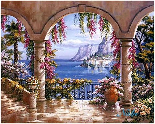 5D Diy Diamond Embroidery Painting Kit / Rhinestone Pasted Painting / Cross Stitch - with Full Square Diamond and Make Tool - landscape - Sea and house