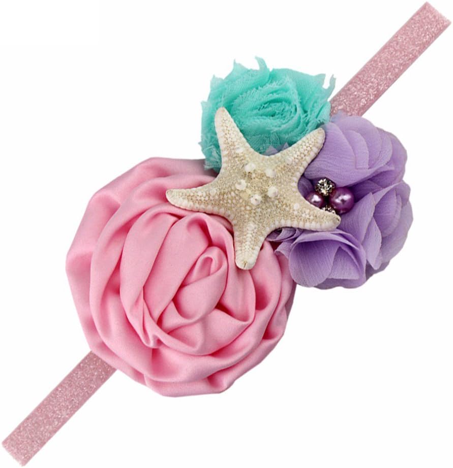 YanJie Mermaid Baby Hair Clips, Pink - Handmade Bows Clips with Starfish for Baby Girls Infants Toddlers, Mermaid Themed Party Hair Accessories & Birthday Gift