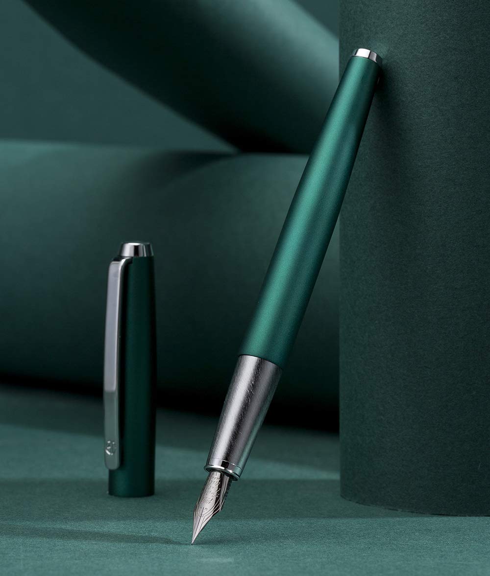 HongDian 525 Green Metal Fountain Pen, Extra Fine Nib Classic Pen, Includes Metal Pen Case and Refillable Converter