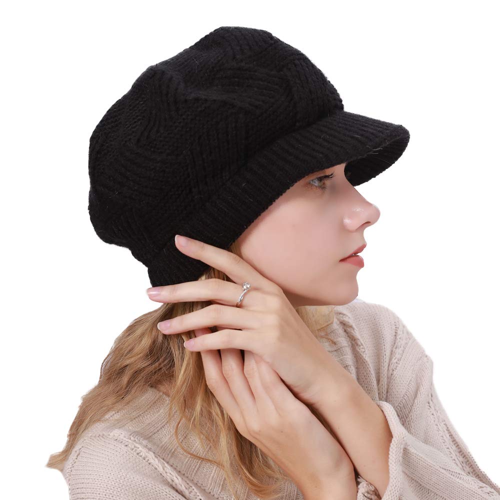 ToVii Womens Winter Beanie Hat with Visor Cable Knit Newsboy Cap Soft Fleece Lined Beret Skull Cap for Lady Black