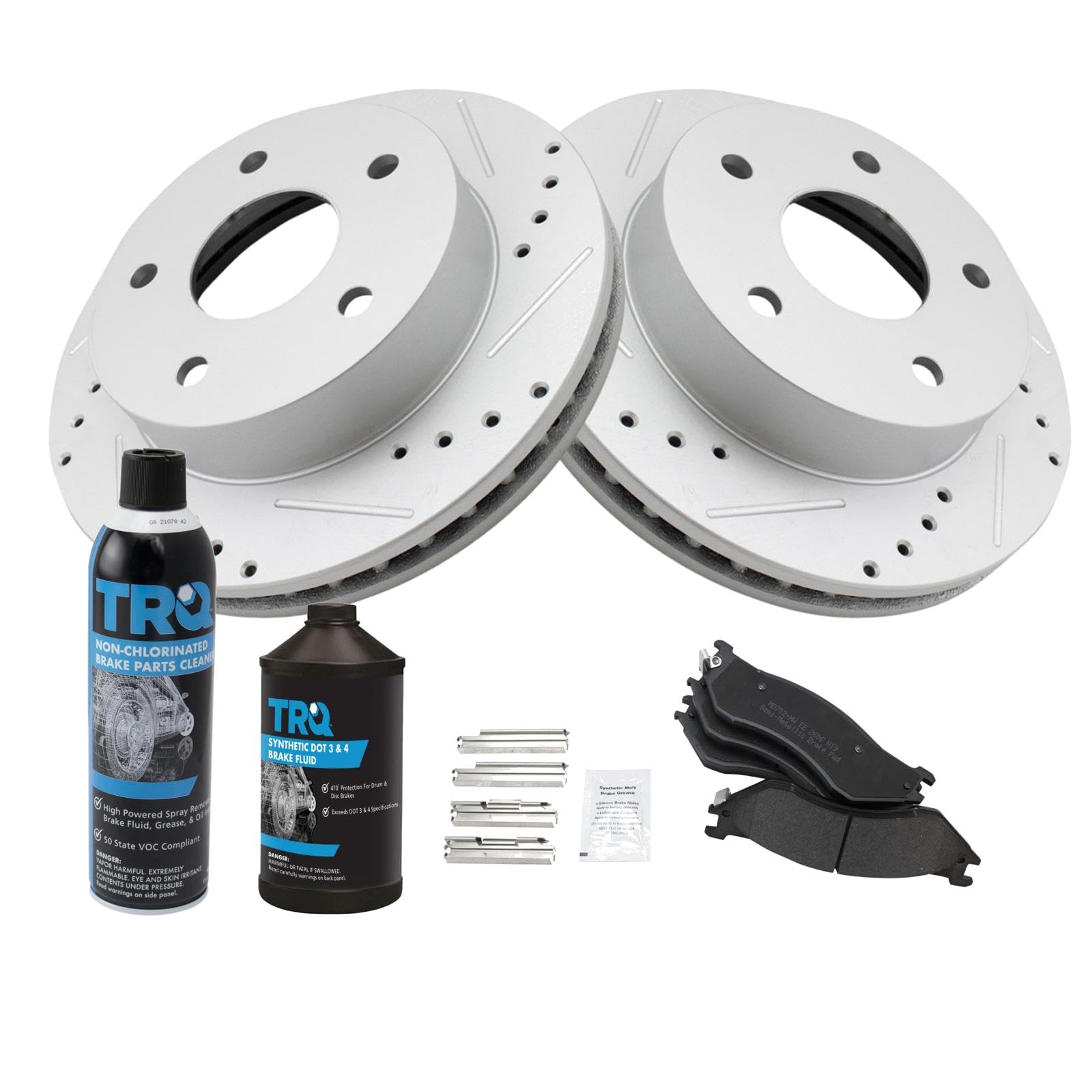 TRQ Front Performance Brake Pad & Rotor Kit Brake Chemical Kit Brake Pads Brake Rotors Set Semi-Metallic Premium G-Coated Compatible with 2000-2001 Dodge Ram 1500 Image