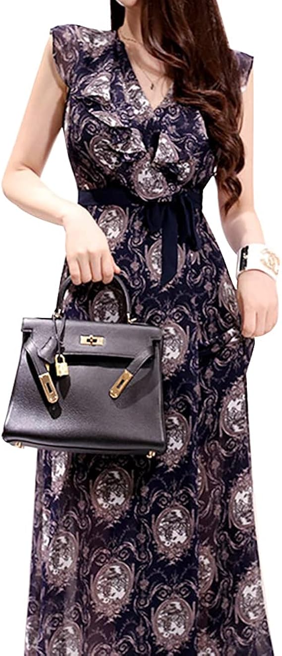 Amazon Co Jp ビレッジ ワンピース ドレス ノースリーブ エレガント 花柄 ロング 服 ファッション小物