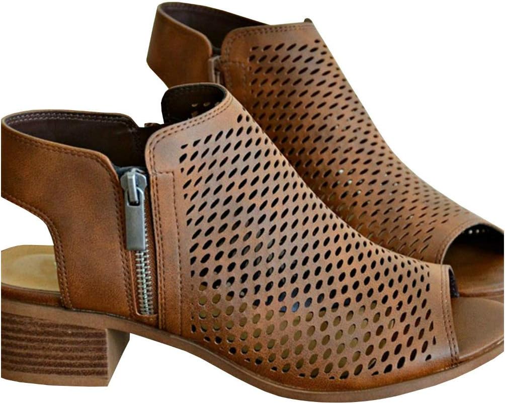 LAICIGO Womenโs Perforated Booties Open Toe Stacked Heel Side Zipper Slingback Cutout Summer Sandals