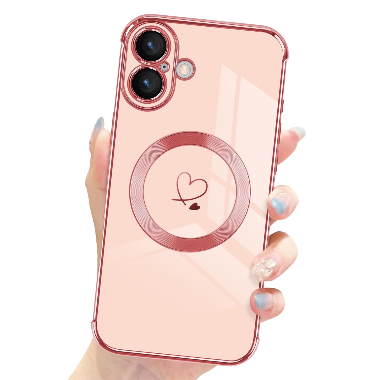 Newseego Magnetic Phone Case for iPhone 16 Plus [Compatible with Magsafe], Cute Love Heart Pattern Girls Women Soft TPU Shockproof Camera Protection Cover for iPhone 16 Plus-Pink