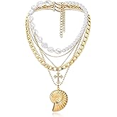 MJartoria Gold Layered Necklaces for Women Trendy Big Shell Pearl Cross Pendant Dainty Chunky Chain Necklaces Jewelry Birthday Gifts