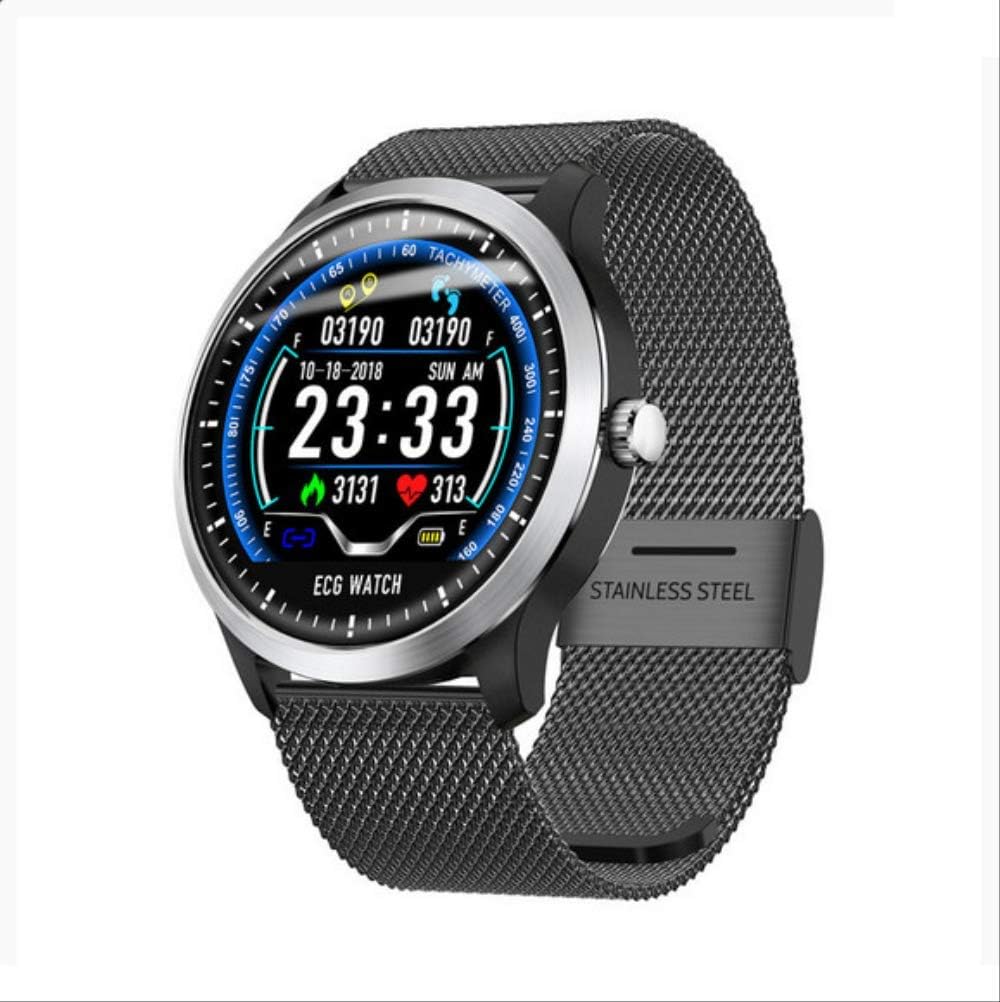 KKART smart watch fitness tracker 1.22 inch color screen ECG sports watch ECG+PPG ECG HRV report heart rate blood pressure test round screen for men women black steel belt