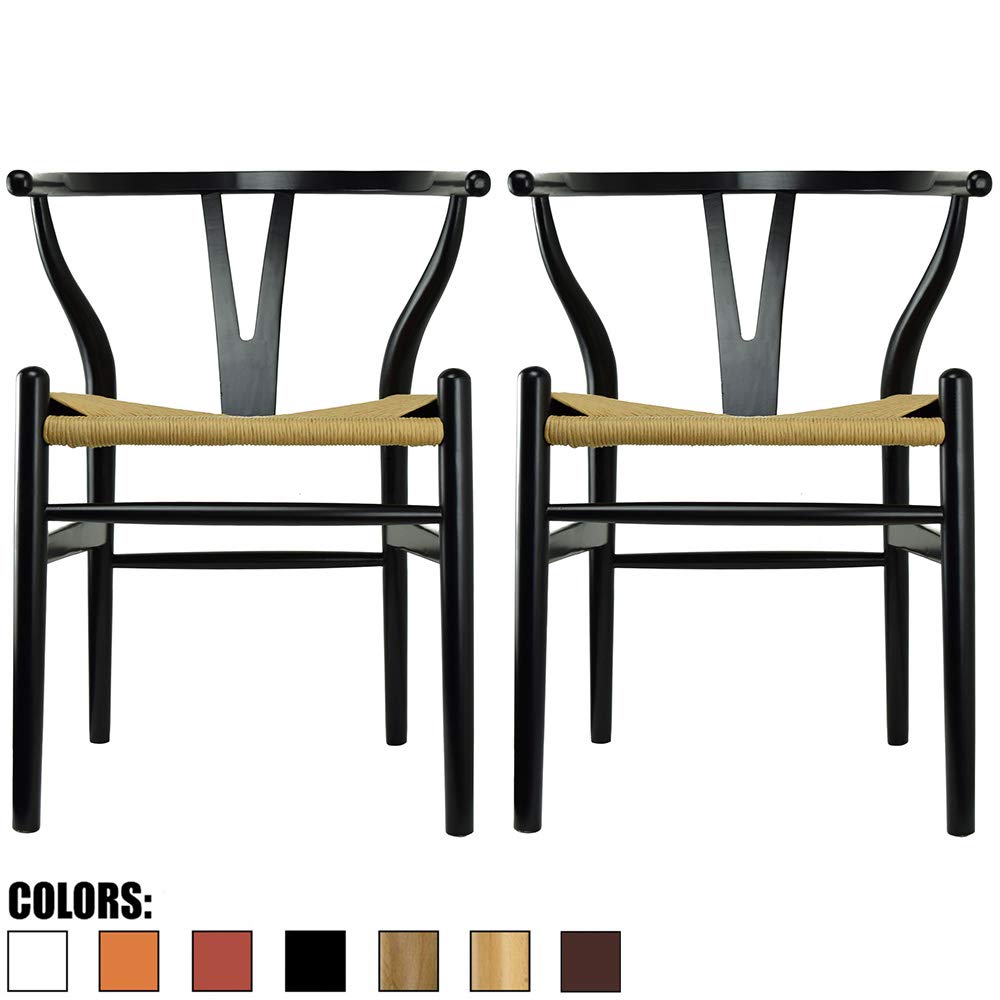 2xhome Set Of 2 Black Wishbone Wood Armchair With Arms Open Y Back Open Mid Century Modern Contemporary Office Chair Dining Chairs Woven Seat Brown