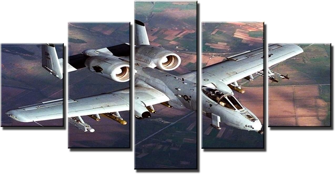 Artbrush Tower Attack Plane Jet Fighter Pictures Canvas Wall Art Military Aircraft A-10 Thunderbolt II(Warthog) Wall Decor Posters Framed Home Bedroom Office Decorations Paintings(60''Wx32''H)