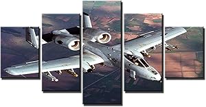 Artbrush Tower Attack Plane Jet Fighter Pictures Canvas Wall Art Military Aircraft A-10 Thunderbolt II(Warthog) Wall Decor Posters Framed Home Bedroom Office Decorations Paintings(60''Wx32''H)