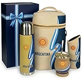 SPCoccoz Yerba Mate Cup Set – Complete Argentine Yerba Mate Kit - 750 ml Stainless Steel Bottle, Mate Gourd, Bombilla, Neoprene Bag, Yerba Container & Gift Box (Cinta Argentina con Sol)