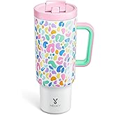 Meoky 40 oz Tumbler with Handle and Flip Straw, 100% Leakproof Tumbler with Lid and Straw, Stainless Steel Insulated Cup, Cupholder Friendly, Keeps Cold for 34 Hours (Leopard)