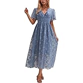 Sheocivy Women's Summer Casual Midi Dress Short Sleeve Smocked Floral Dress Elastic Waist V Neck Wedding Guest Dresses