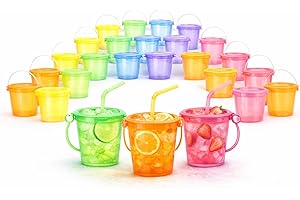 TYNUOCN 48 Pack 25 oz Reusable Neon Party Bucket Cups with Lids, Handles & Straws, Plastic Drink Buckets for Kids Birthdays, 
