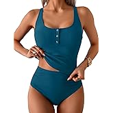 B2prity Women's Athletic Tankini Swimsuits Two Piece Adjustable Button-Up Bathing Suit Full Coverage High Waisted Swimwear