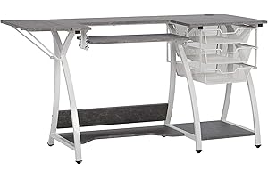 Sew Ready Pro Stitch Sewing Machine Table with Wire Mesh Drawers, Desk for Hobby, Craft Table and Computer Desk, Home Office in White /Cement Gray , 56.75" W