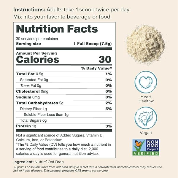 NUTRIM OAT BRAN POWDER WITH 750MG BETA GLUCAN PER SERVING – EASY-MIX SOLUBLE FIBER FOR CHOLESTEROL MANAGEMENT & IMMUNE SUPPORT – HEART HEALTHY, NON-GMO & VEGAN OATMEAL POWDER