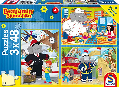 Schmidt Spiele 56209 Benjamin Blümchen, Immer im Einsatz, 3 x 48 Teile Kinderpuzzle