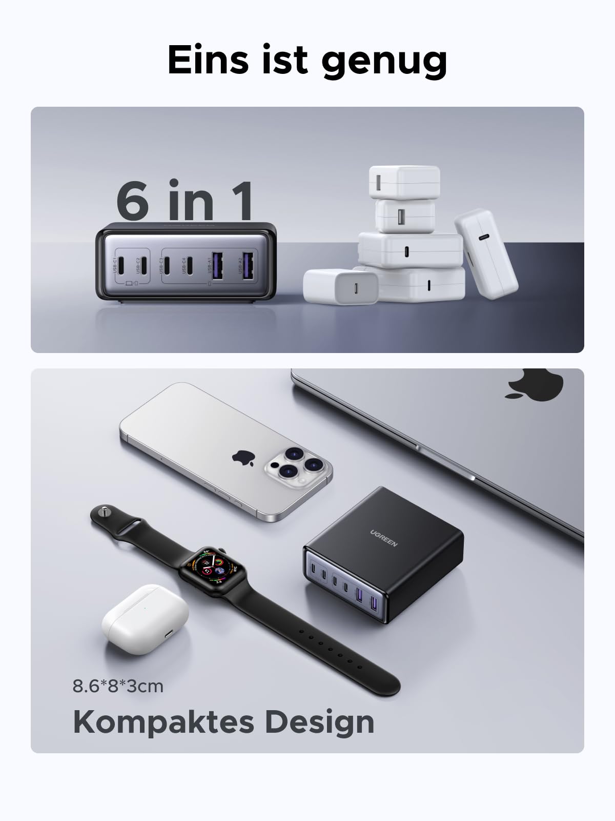 UGREEN 100W USB C Ladegerät 6-Port Ladestation 65W GaN Netzteil PPS Schnellladegerät Mehrfach kompatibel mit MacBook Pro/Air, iPhone 17-8 Serien, Galaxy S25, S24, A15, Pixel 9, iPads 5