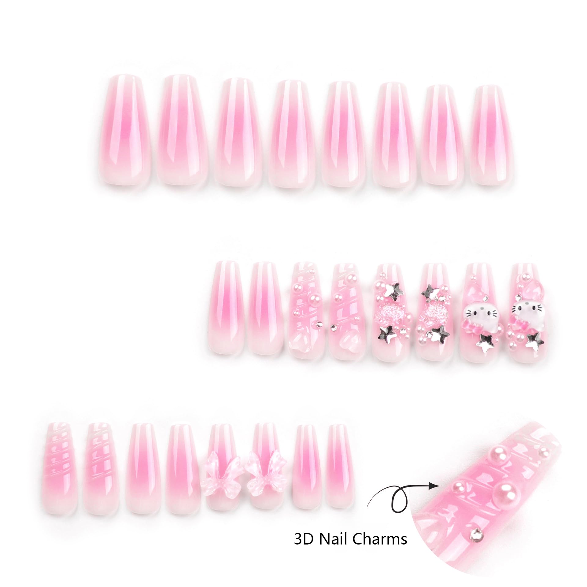 24Pcs Pink Coffin Nails Press on Nails Long Coffin Fake Nails with 3D Heart Pearl Star Nail Charms Design Nail Gems Diamond Pink Acrylic Nails Supply Full Cover False Nails Stick on Nails for Women - Image 4