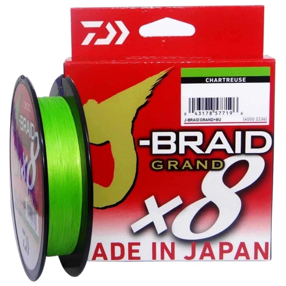 Daiwa J-Braid Grand X8E 0.16mm, 10.0kg/22.0lbs, 135m Chartreuse, Braided Fishing Line, 127697-016