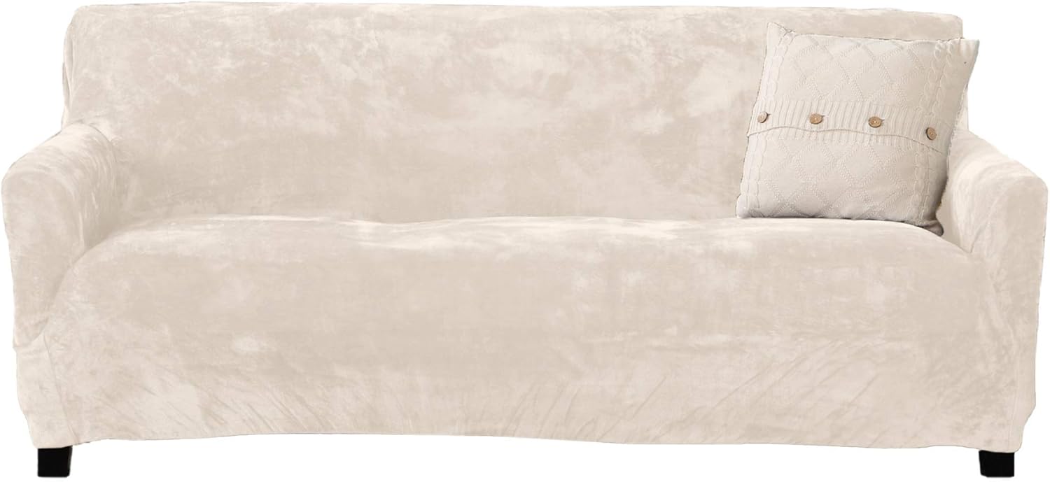 Velvet Plush Stretch Sofa Slipcover. Velvet Sofa Couch Furniture Protector, Soft Anti-Slip, High Stretch for 3 Seat Sofa. (Sofa- 3 Seater, Off White)