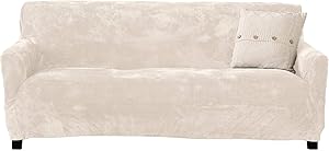 Velvet Plush Stretch Sofa Slipcover. Velvet Sofa Couch Furniture Protector, Soft Anti-Slip, High Stretch for 3 Seat Sofa. (Sofa- 3 Seater, Off White)