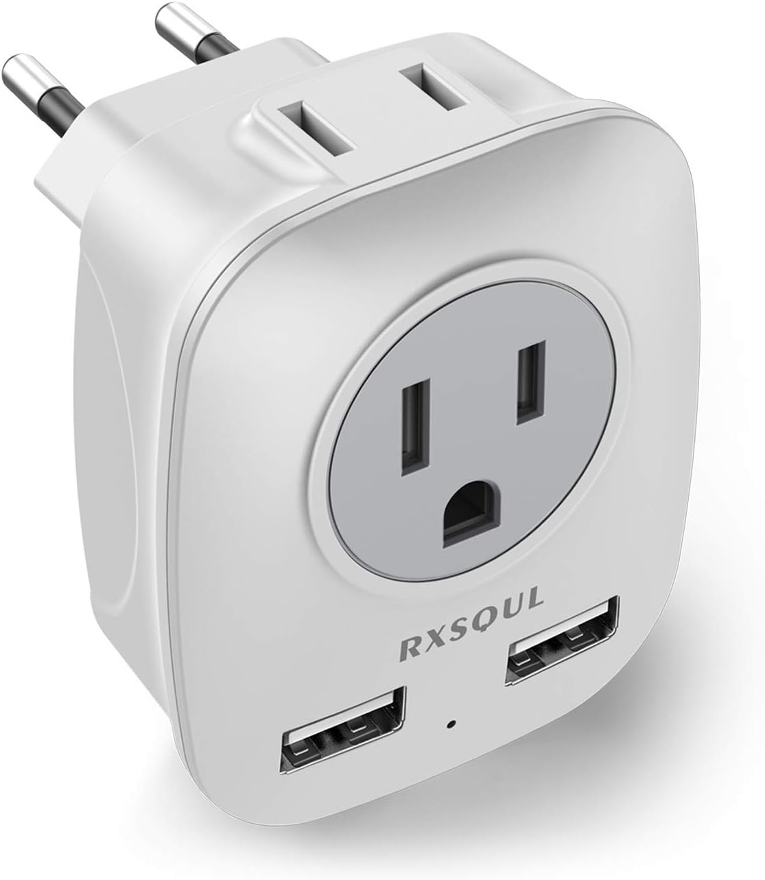 RXSQUL European Travel Plug Adapter, Universal International Power Travel Plug Adapter Converter with 2 USB Wall Charger, 2 x 15A Outlet Adapters for US to Europe EU Italy Spain Iceland-(White+Gray)
