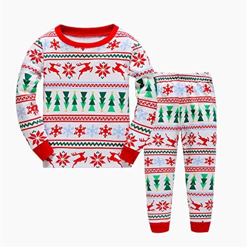 Wibbly pigbaby Little Girls Christmas Pajamas, 100% Cotton Long Sleeve Sleepwear Kid's Pjs Sets Size 2T-7T(White 6T)