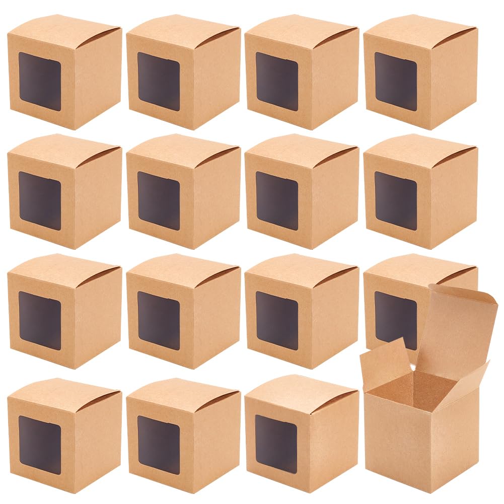 BENECREAT 20 Packs Kraft Paper Boxes with Clear Window, 8x8x8cm/3.1x3.1x3.1 Inch BurlyWood Gift Packaging Boxes for Bakery Cookies Cake Candy Wedding Party Favors