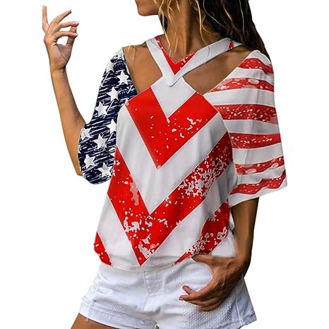 Produp Mode Damen Tops Kurzarm Weste Patriotischen Streifen Hohl Hals Stern Amerikanische Flagge Druck Tank Bluse