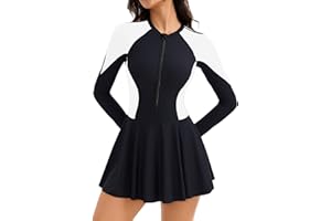 FEOYA Women's Long Sleeve Swimsuits Swim Dress 50+ UPF Rash Guard Modest One Piece Swimwear with Skirt Bathing Suit