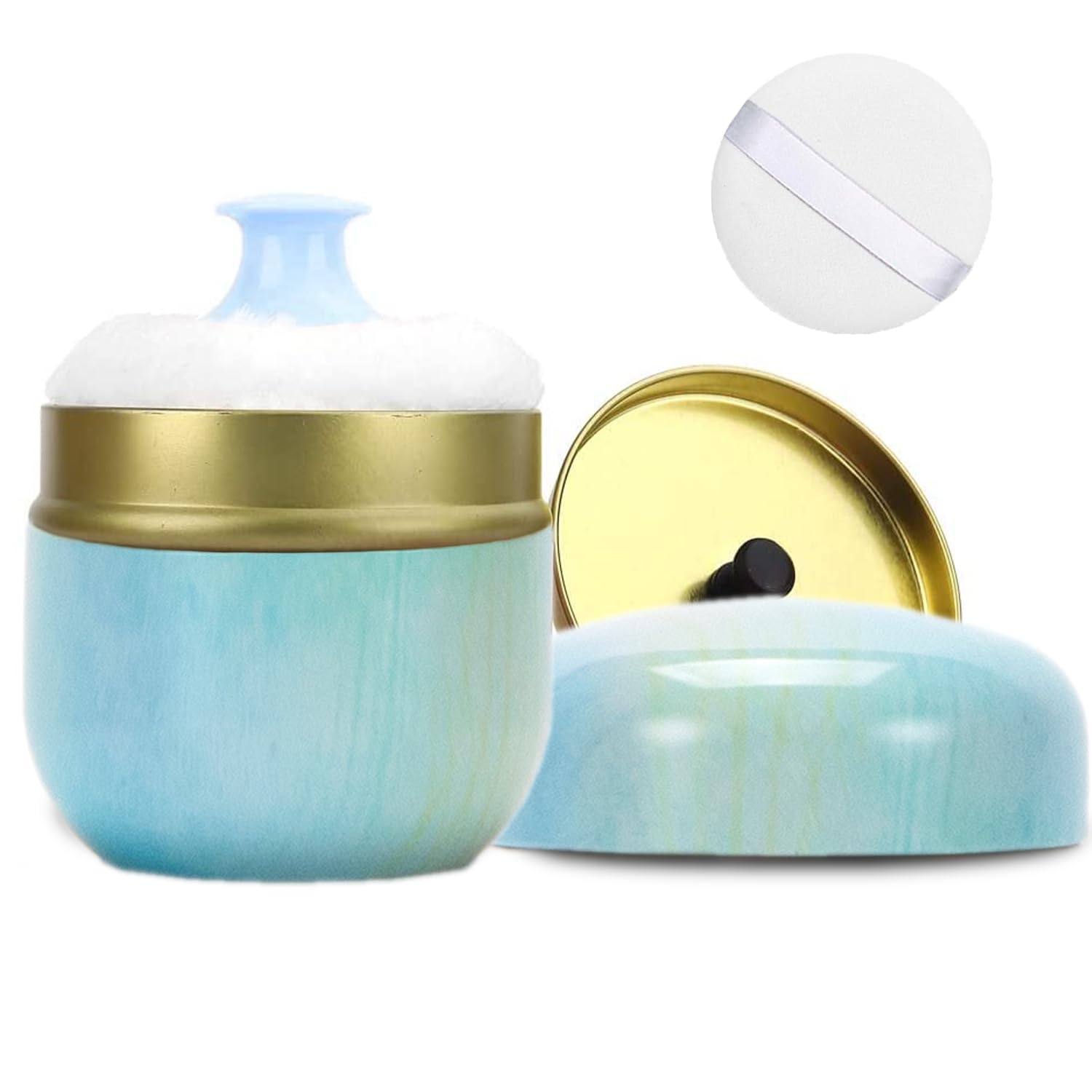 Photo 1 of SHIMIDO Body Powder Puff and Container, 3.15" Portable Empty Body Powder Container for Baby Women's Loose Dusting Powder, Powder Case Box with Lids for Bath, Travel and Home Use (Aqua Blue)