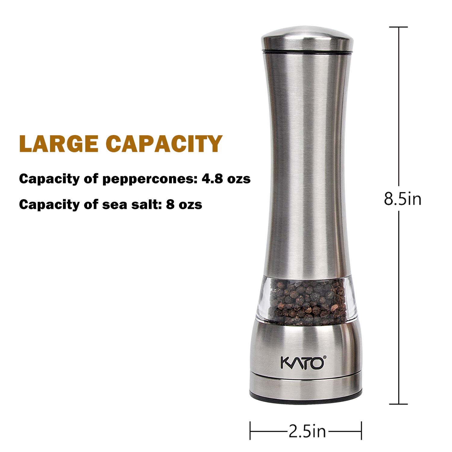 Kato Manual Stainless Steel Salt and Pepper Grinder Set, Best Ceramic Refillable Pepper Mills for Himalayan Salt, Pepper and Other Spices, 2 Pack