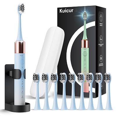 Kuicur Sonic Electric Toothbrush for Adults and Kids, Comes with 10 Brush Heads & Travel Case, 5 Modes with 2 Minutes Built in Smart Timer, One Charge for 90 Days, 42,000 VPM Motor (Blue and White)
