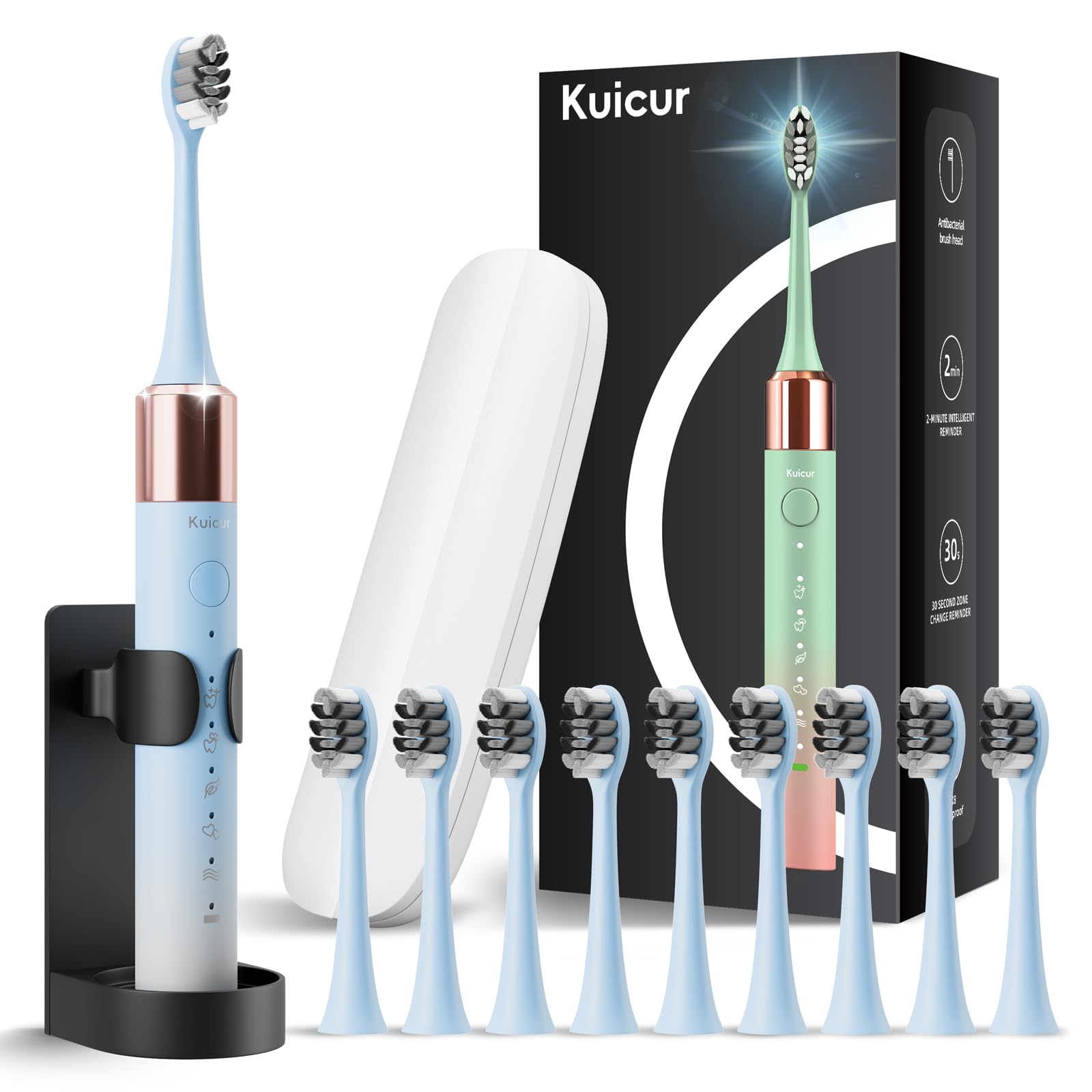 Photo 1 of Sonic Electric Toothbrush for Adults and Kids, Comes with 10 Brush Heads & Travel Case, 5 Modes with 2 Minutes Built in Smart Timer, One Charge for 90 Days, 42,000 VPM Motor (Blue and White)