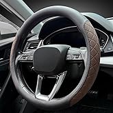 LKWLIKEI Nappa Leather Steering Wheel Cover,Elegant Diamond Checkered Design, Non-Slip wear-Resistant, Enhance Driving Comfort, Suitable for Steering Wheel Diameter 14 1/2‘-15’ Models.Black Brown