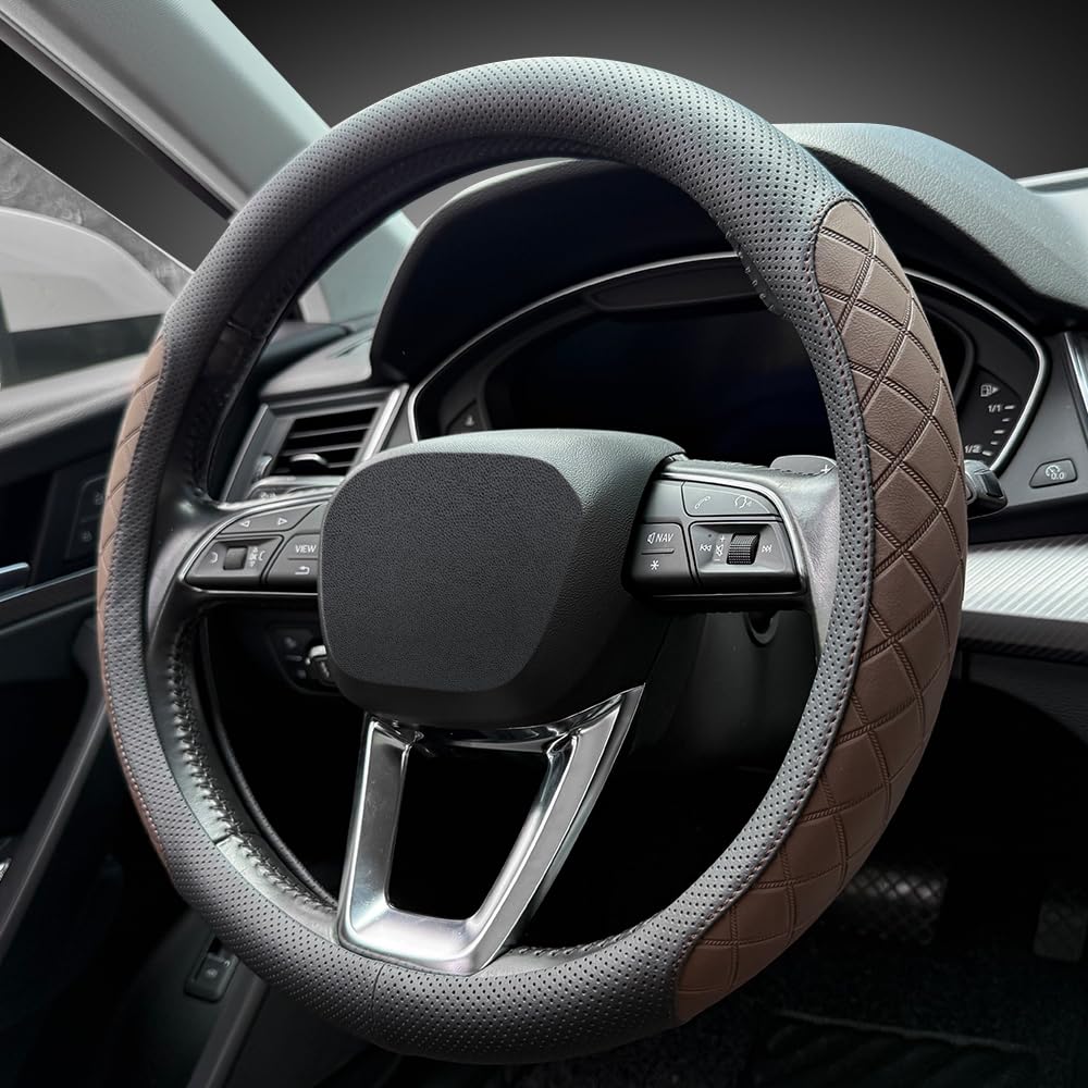 Photo 1 of LKWLIKEI Nappa Leather Steering Wheel Cover,Elegant Diamond Checkered Design, Non-Slip wear-Resistant, Enhance Driving Comfort, Suitable for Steering Wheel Diameter 14 1/2‘-15’ Models.Black Brown