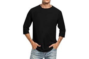Mens 3/4 Sleeve Sports Tee Solid Color Round Neck Athletic Workout Tops Lightweight Stretch Gym T Shirts
