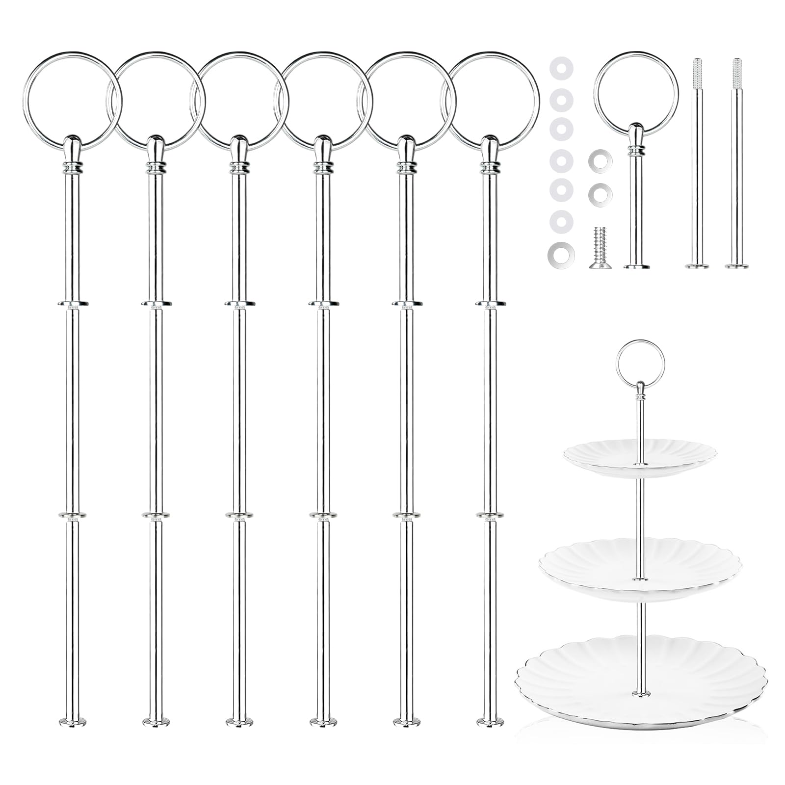 Vicloon 6 Set Cake Stand Accessories Kits, 6 Bars Plate Holders, Display Stand with Screws and Washers Round Rod (Silver, Metal)