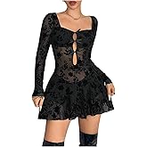 SOLY HUX Women's Floral Mesh Mini Dress Y2k Bow Sweetheart Neck Long Sleeve Sheer A Line Flared Party Going Out Dresses