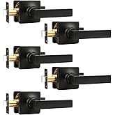 GOBEKOR 5 Pack Passage Door Levers Black Finish,Interior Door Handles for Hallway and Closet,Square Keyless Door Lock Set,Rev