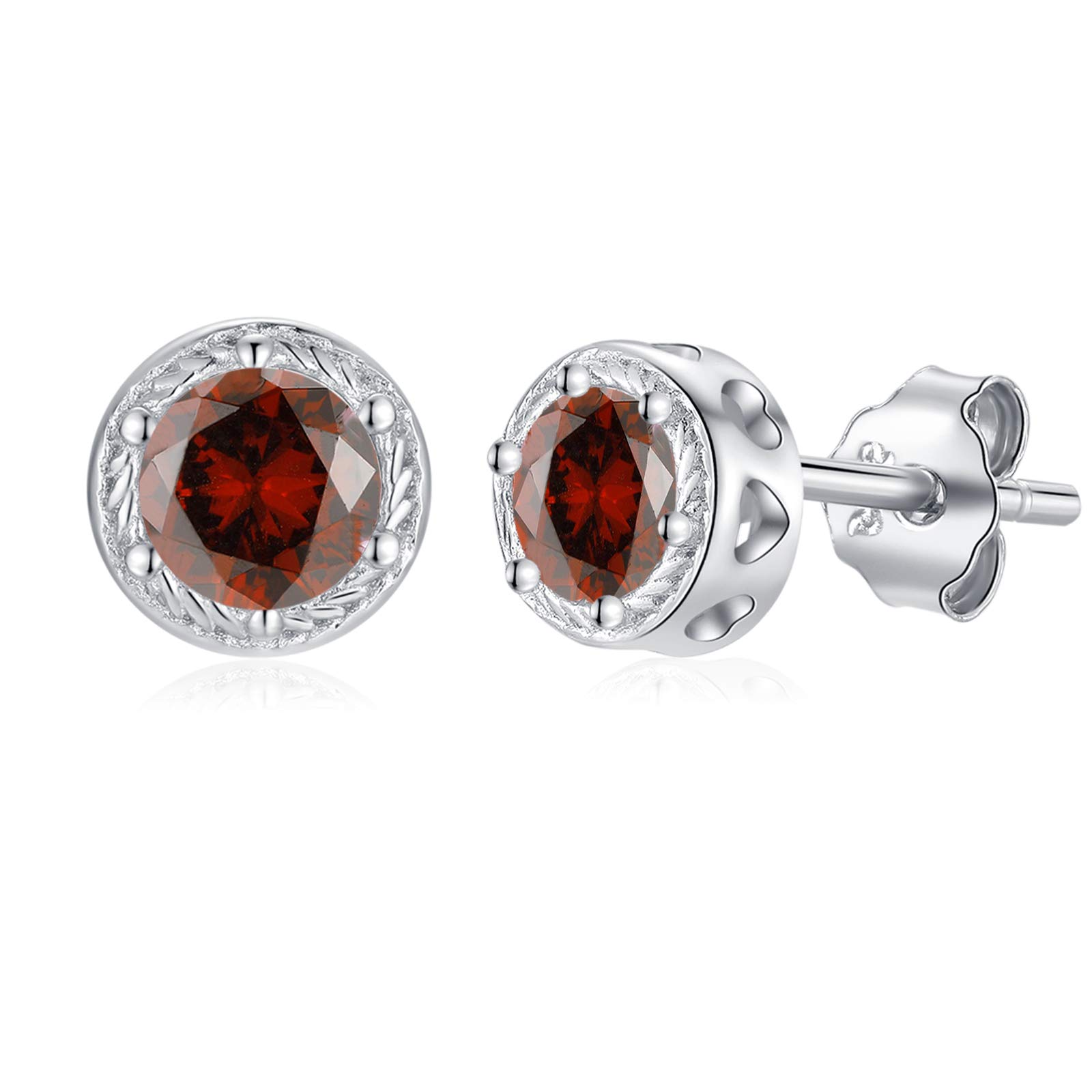 Qings Garnet Earrings Sterling Silver Women January Birthstone Earrings Stud Round Cut Gemstone Earrings