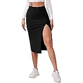 Verdusa Women's Elastic Waist Split Thigh Pencil Bodycon Midi Skirt Black Large